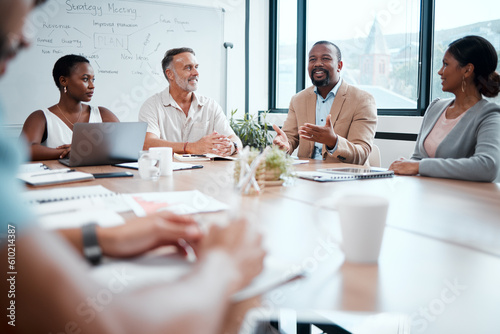 Happy business people, meeting and strategy in planning, team discussion or sharing idea at office. Group of employees in teamwork, collaboration or discussing project plan in conference at workplace