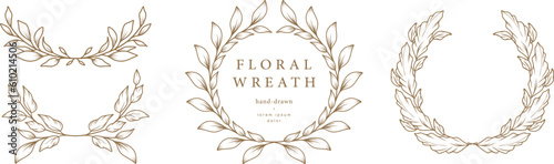 Laurel wreaths set. Hand drawn line floral frame. Vector illustration with branches and leaves for label, business identity, wedding invitation, greeting card, diploma.