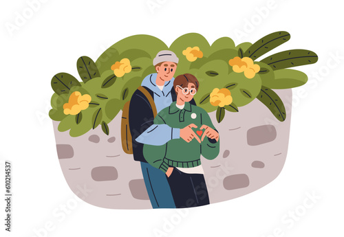 Gay teenagers couple in love. LGBT teens dating. Homosexual teenage boys, schoolboys in romantic relationship, hugging, walking. Flat graphic vector illustration isolated on white background