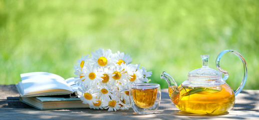 Chamomile flowers, books, glass teapot and cup with herbal tea on table close up, natural abstract green background. summer season. relax time. useful calming tea. tea party in garden.