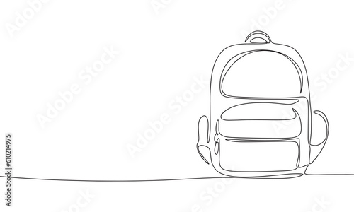Backpack isolated on white background. One line continuous school backpack. Line art outline vector illustration.