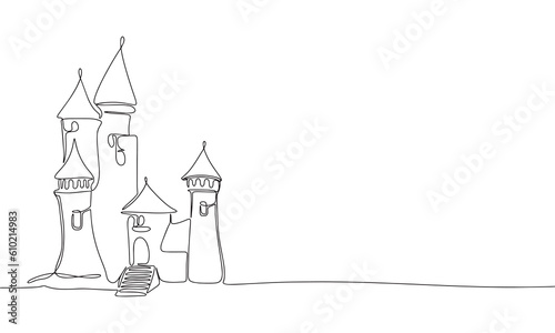Fairy castle isolated on white background. One line continuous marvelous castle. Line art outline vector illustration.