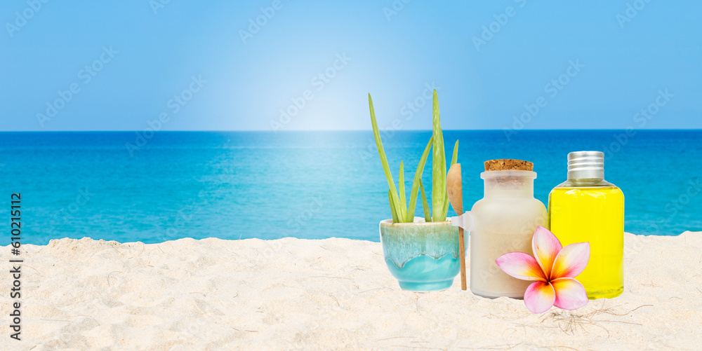 Aloe vera plant in ceramic pot with scrub powder and essential oil on tropical beach, spa treatment concept, summer outdoor day light Aloe vera plant in ceramic pot with scrub powder and essential oil on tropical beach, spa treatment concept, summer outdoor day light