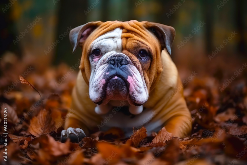 portrait of bulldog outdoor. advert for veterinary medicine, dog handler, dog walking. generative AI
