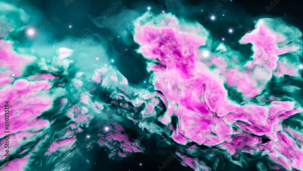 fly in a nebula fields. blue and pink gas nebula. space exploration with star and gas nebula. pink nebula cloud in space background.