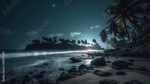 Beautiful beach with palm trees at night. Moon light. AI generative image.
