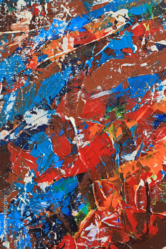 Background made of broad acrylic strokes in red, blue, orange, white and brown colors