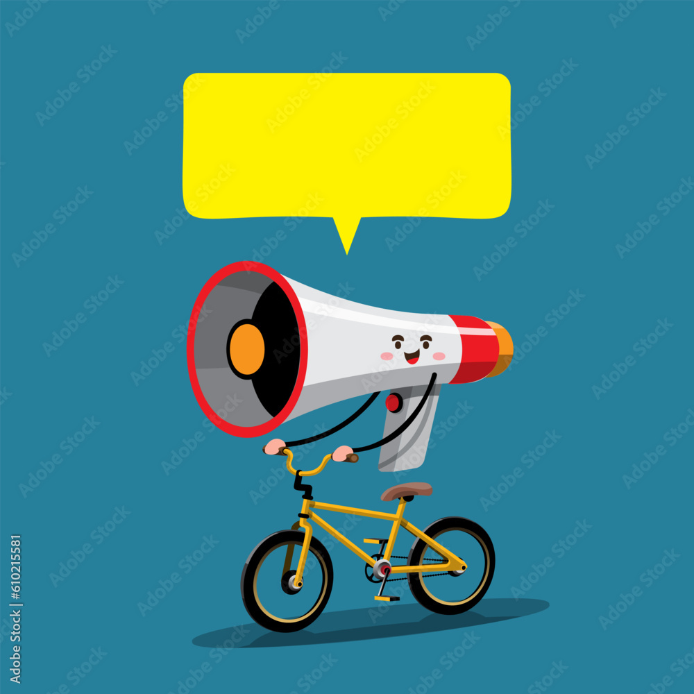Naklejka premium The megaphone rides a bicycle and announces a message. Flat vector illustration character design
