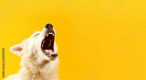 Dog yawning yellow banner. Generate Ai photo