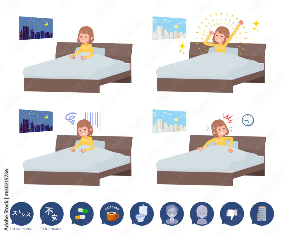 Fototapeta premium 眠れない原因とカジュアルファッション女性のセット