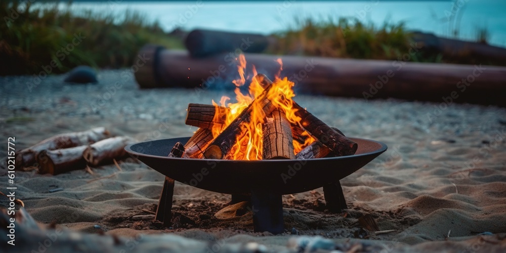 Cast iron fire pit campfire place at forest beach camping with brgiht burning flame - obrazy, fototapety, plakaty 