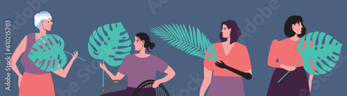 Inclusive women together isolated with tropical leaf as symbol of femininity, flat vector stock illustration