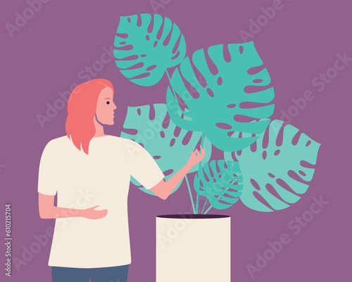 Teenager or young woman caring for a potted plant, flat vector stock illustration