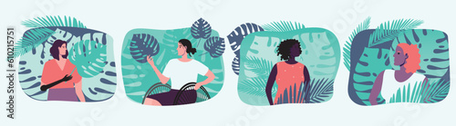 Diverse inclusive women different ethnic group with leaves, set or collection isolated, flat vector stock illustration