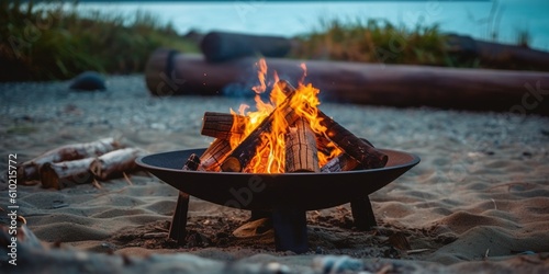 Fényképezés Cast iron fire pit campfire place at forest beach camping with brgiht burning fl