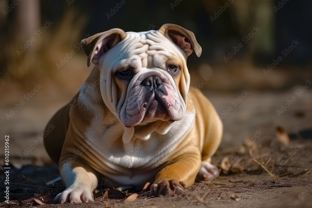 portrait of bulldog outdoor. advert for veterinary medicine, dog handler, dog walking. generative AI