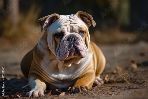 portrait of bulldog outdoor. advert for veterinary medicine  dog handler  dog walking. generative AI