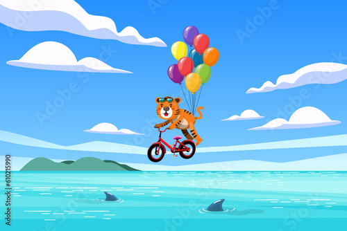 A young tiger rides a bicycle and carries a bunch of balloons on a path among the mountains. © Johnstocker