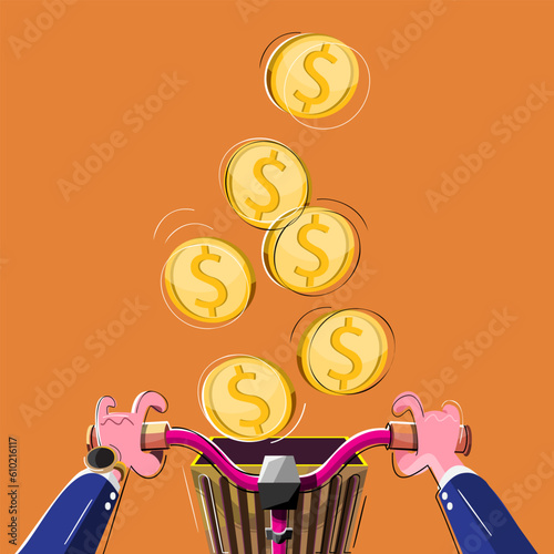 Hands of businessman holding bicycle handlebar and gold coin float on basket.