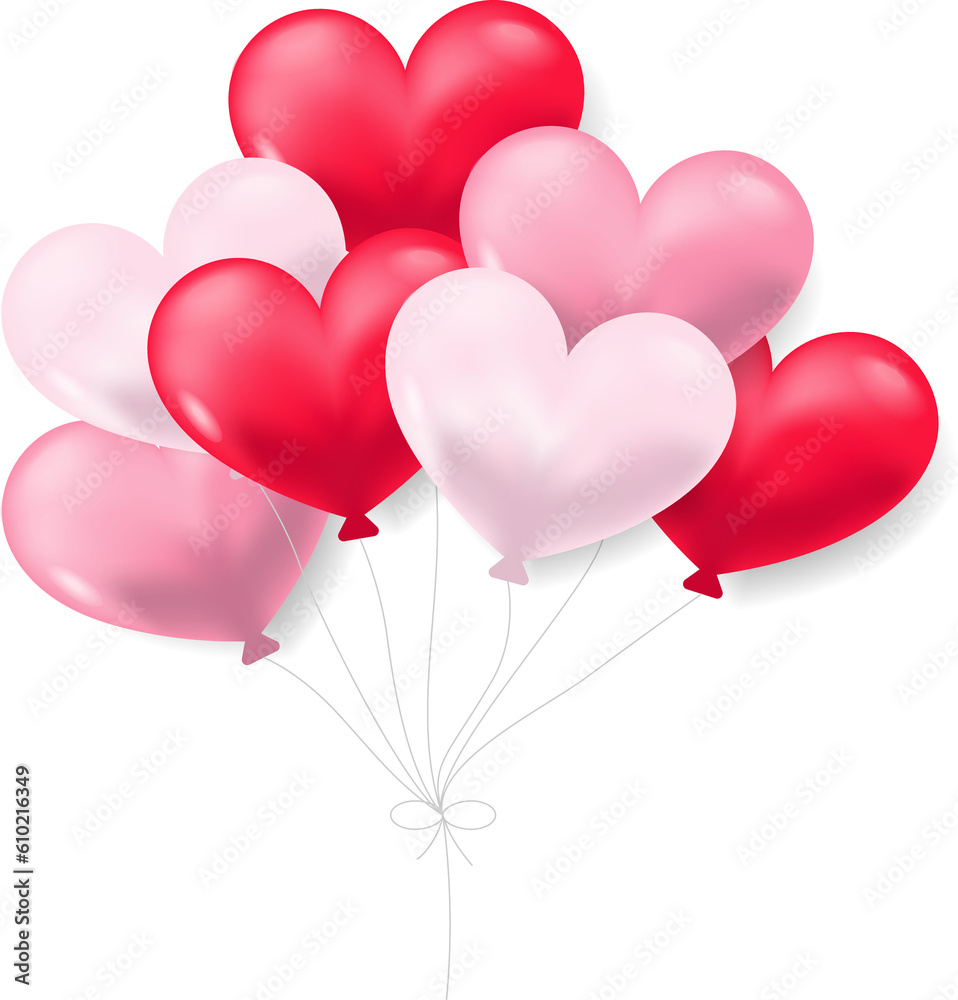 Red and pink heart balloons on a white background. Png clipart isolated on transparent background