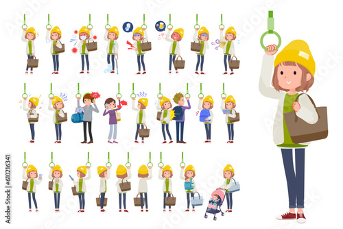 電車に乗るカジュアルファッション女性のセット