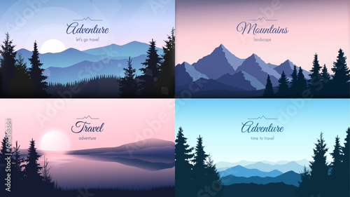 Collection of mountain landscapes. A panoramic view of the mountains, coniferous forests, a lake in the mountains. Set of backgrounds for postcard, cover, banner, web page. Vector illustration.