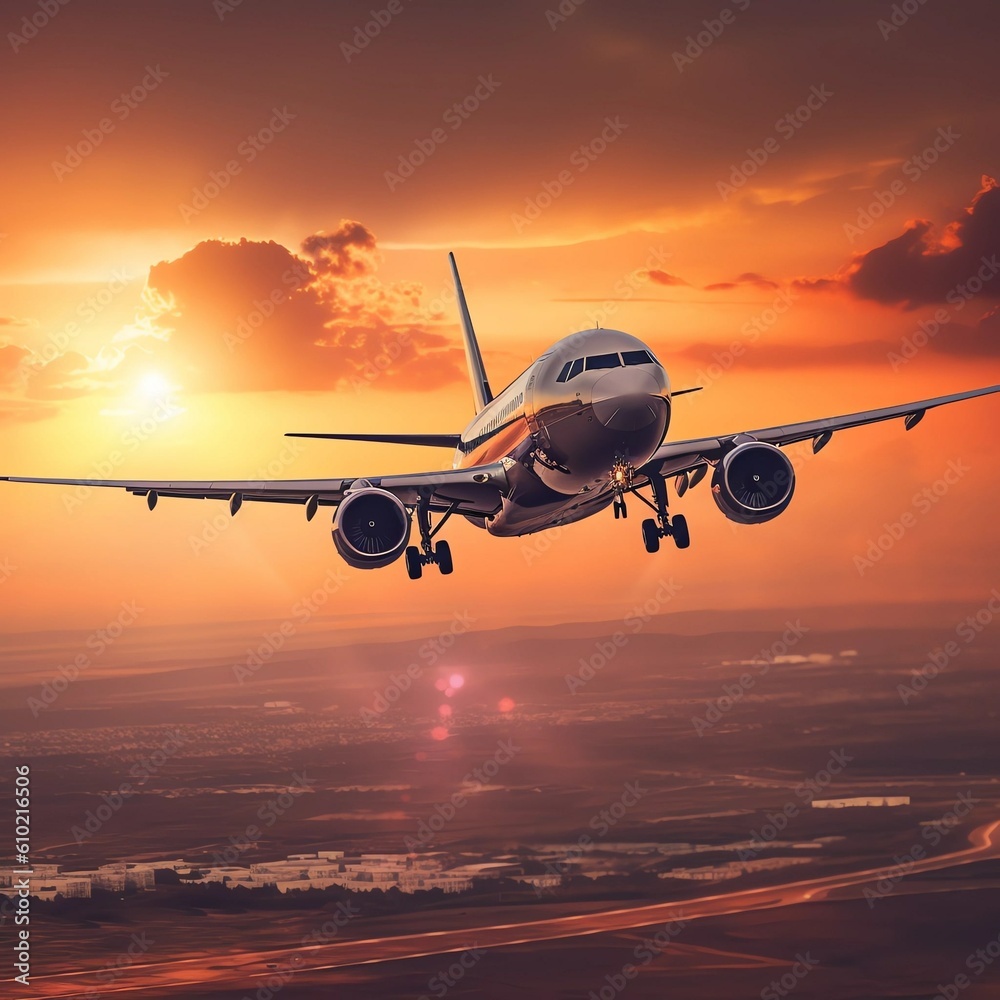 an airplane flying by sunset