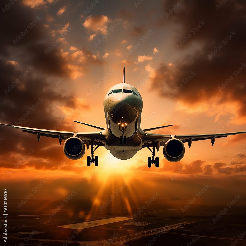 Fototapeta premium an airplane flying by sunset