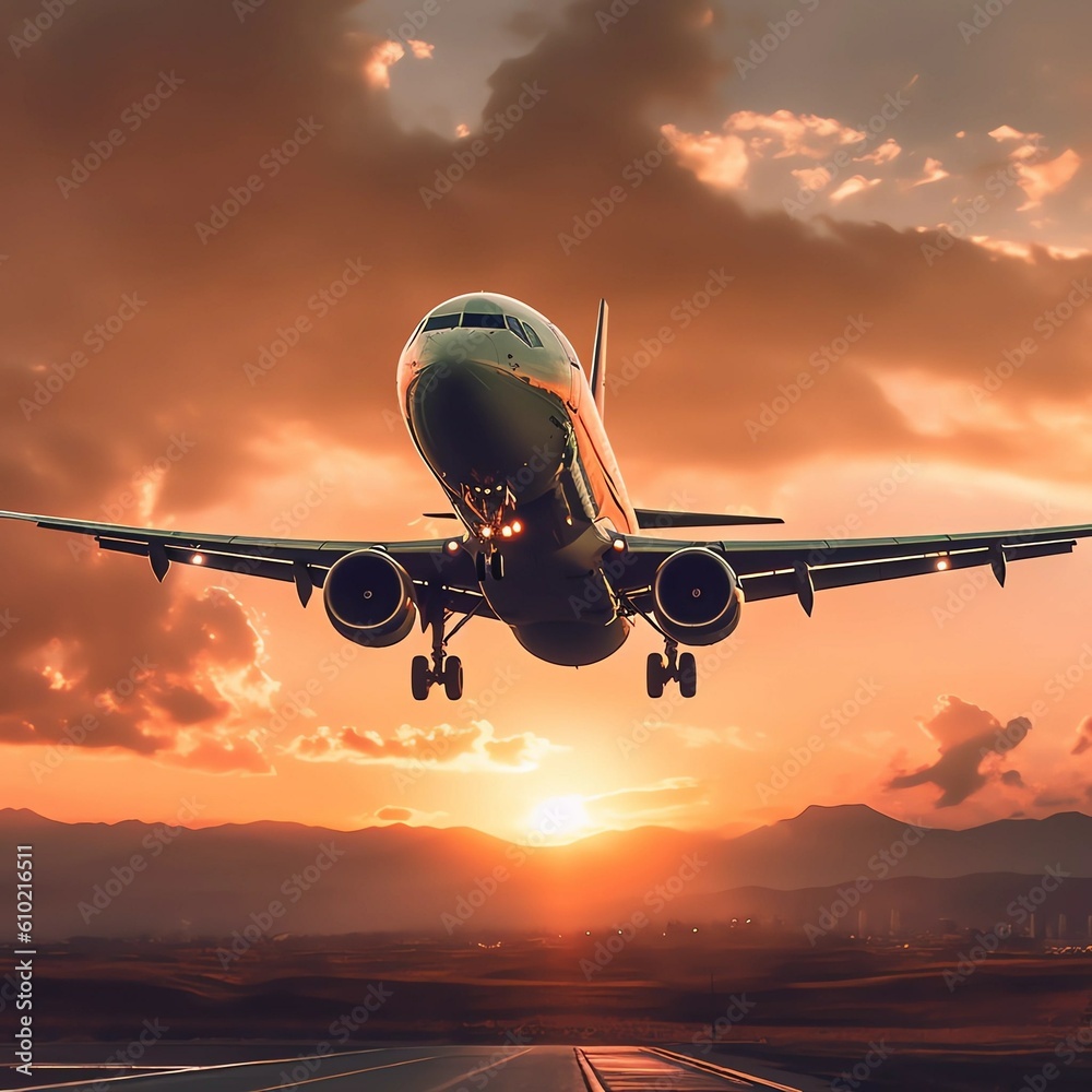 Fototapeta premium an airplane flying by sunset