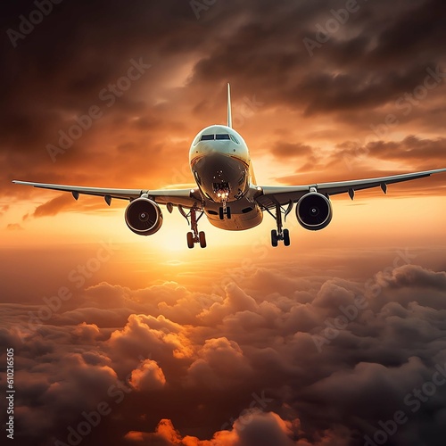 an airplane flying by sunset