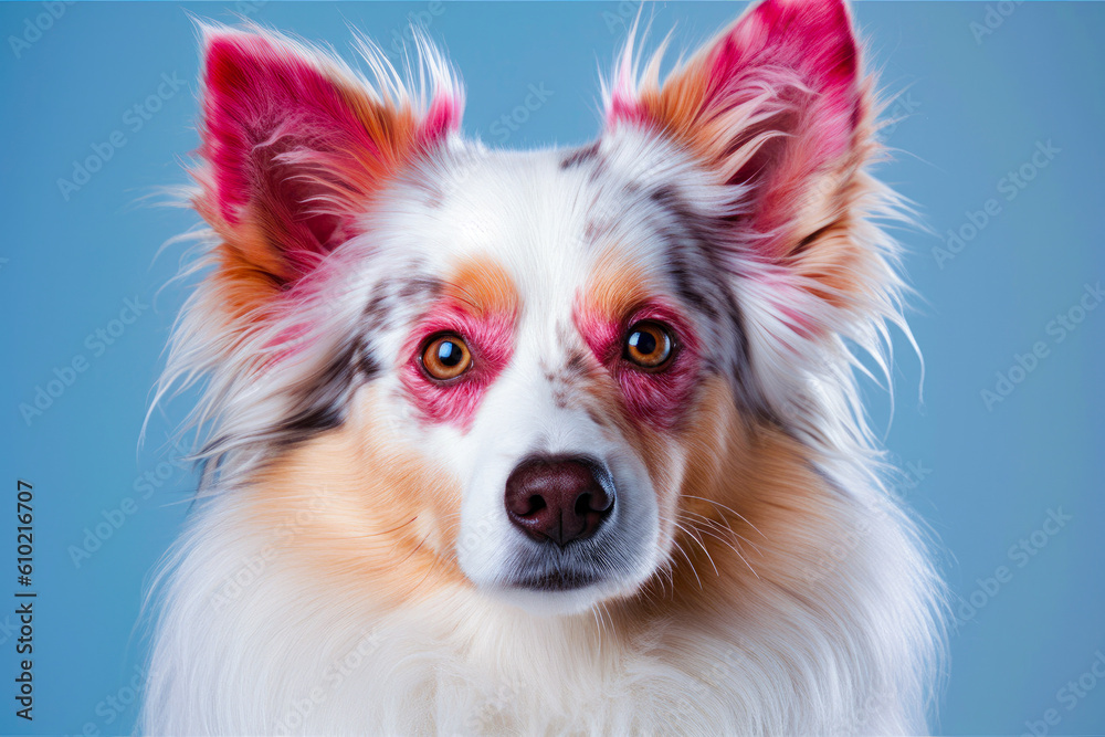 portrait of cute dog with pink spots. Funny playful dog. advert for grooming. Generative AI