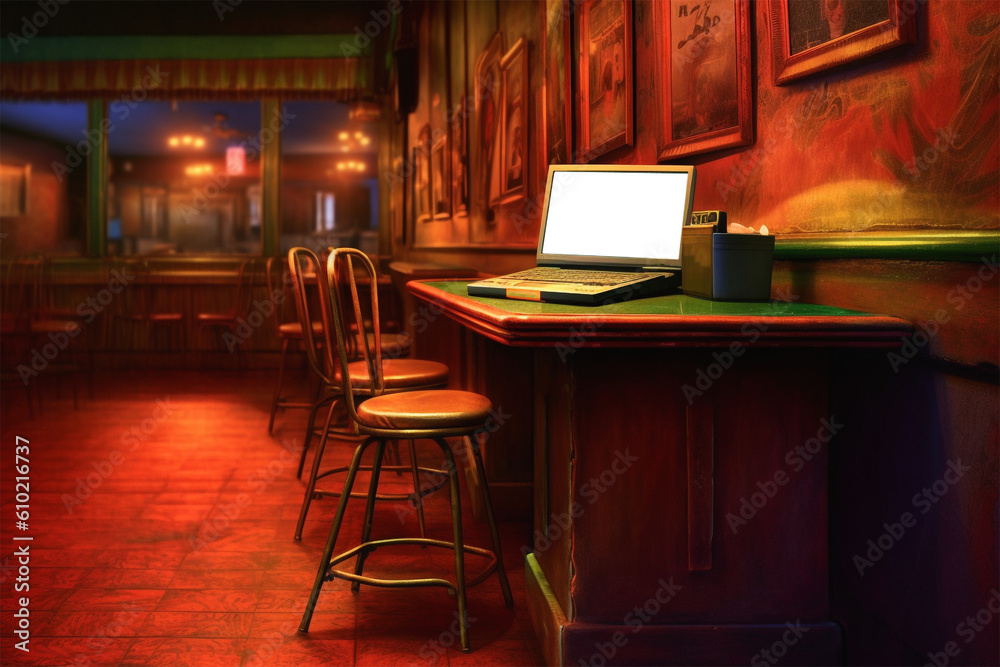 A laptop with transparent screen is on the table in a rustic brown pub, Generative AI A laptop with transparent screen is on the table in a rustic brown pub, Generative AI