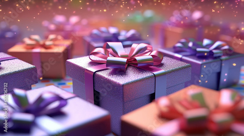 Elegant and decorative AI gift box against a blurry bokeh party background 