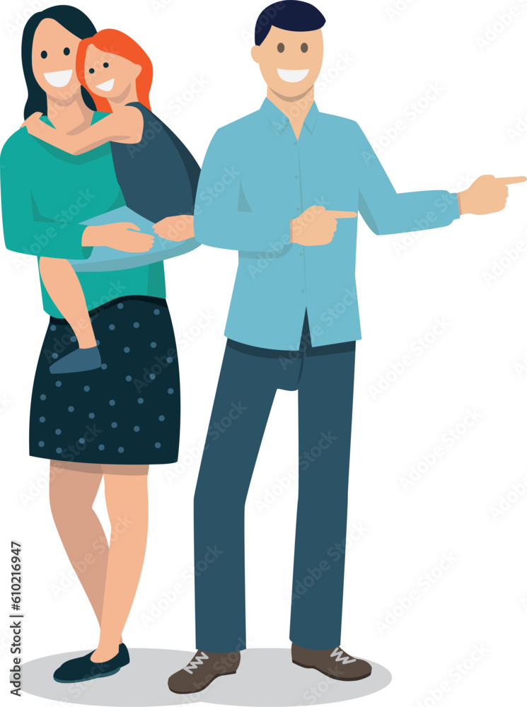 Illustration vectorielle en flat design. Famille heureuse et souriante indiquant une direction en faisant un signe de la main Illustration vectorielle en flat design. Famille heureuse et souriante indiquant une direction en faisant un signe de la main
