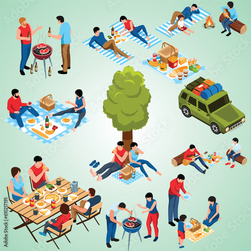 isometric barbecue icons set with people having picnic outdoors isolated vector illustration