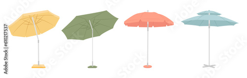 Cartoon beach umbrella. Sun protective outdoor large parasols with stripes, summer sunshade isolated vector illustration set. Colorful equipment for relaxation on seaside, vacation concept.
