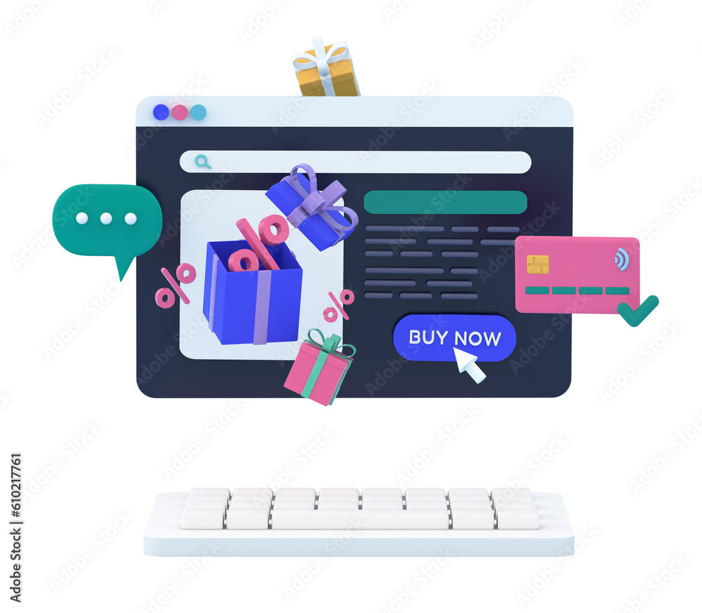 3d online shopping web page with gift boxes floating around. Sales, e-commerce, discount , special offer, marketing, savings concept. 3d render illustartion. 3d online shopping web page with gift boxes floating around. Sales, e-commerce, discount , special offer, marketing, savings concept. 3d render illustartion.