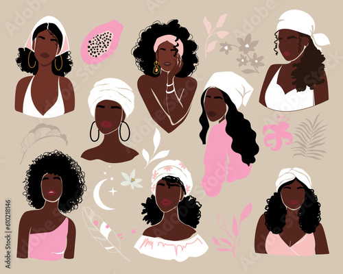 Collection abstract  black women with tropical leaves. Modern set in flat style. Female summer portrait black, white and pink. Design for banner, poster, flyer, t-shirt print