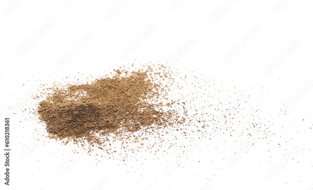 Minced black pepper, ground peppercorn pile isolated on white, side view Minced black pepper, ground peppercorn pile isolated on white, side view