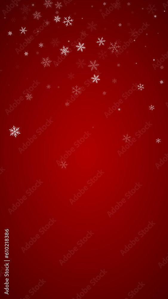Beautiful snowfall christmas background. Subtle flying snow flakes and stars on christmas red background. Beautiful snowfall overlay template. Vertical vector illustration. Beautiful snowfall christmas background. Subtle flying snow flakes and stars on christmas red background. Beautiful snowfall overlay template. Vertical vector illustration.