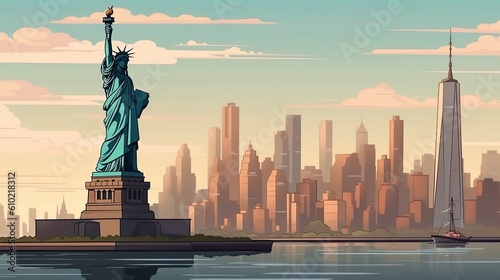 Background New York. Artistic portrayal of Liberty Enlightening the World in New York, perfect for banner designs. Generative AI.