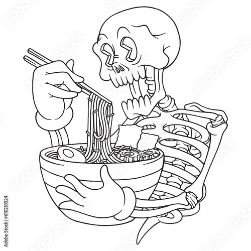 cartoon skeleteon mascot eat ramen coloring illustration