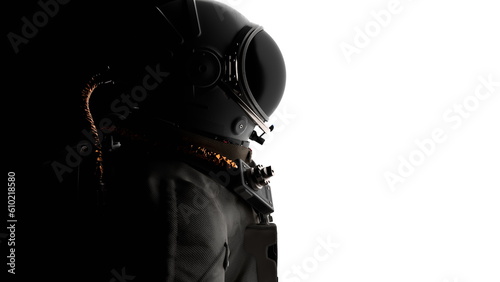 Portrait of astronaut cosmonaut on black background looking into distance. 3d render
