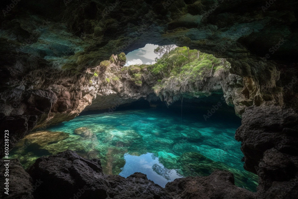 the bay in a cave with beautiful blue water, secret places, Generative AI