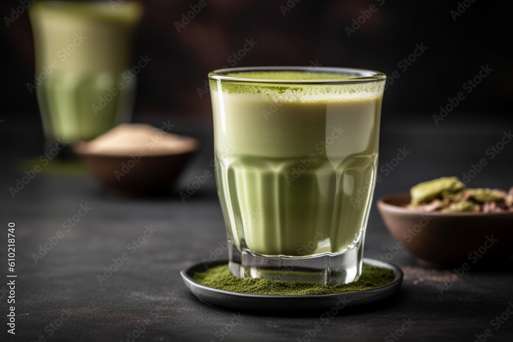 Cooked matcha latte in a coffee shop, Generative AI Cooked matcha latte in a coffee shop, Generative AI