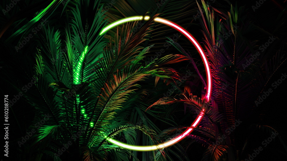 Neon glowing circle ring in palm leaves, tropical dark background. Blue purple yellow green color. Glowing linear volumetric neon round circle. 3d render