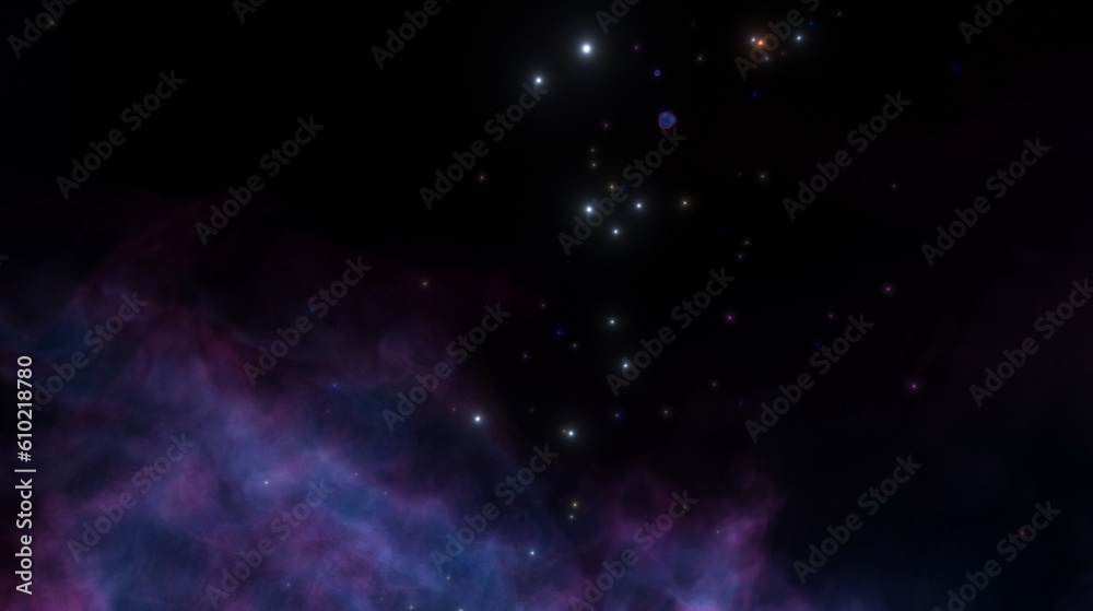 Naklejka premium Cosmic nebula in space among stars and galaxies. Gas dust clouds nebula in outer space. Birth and expansion of universe. Formation of stars and planets from the nebula. 3d render