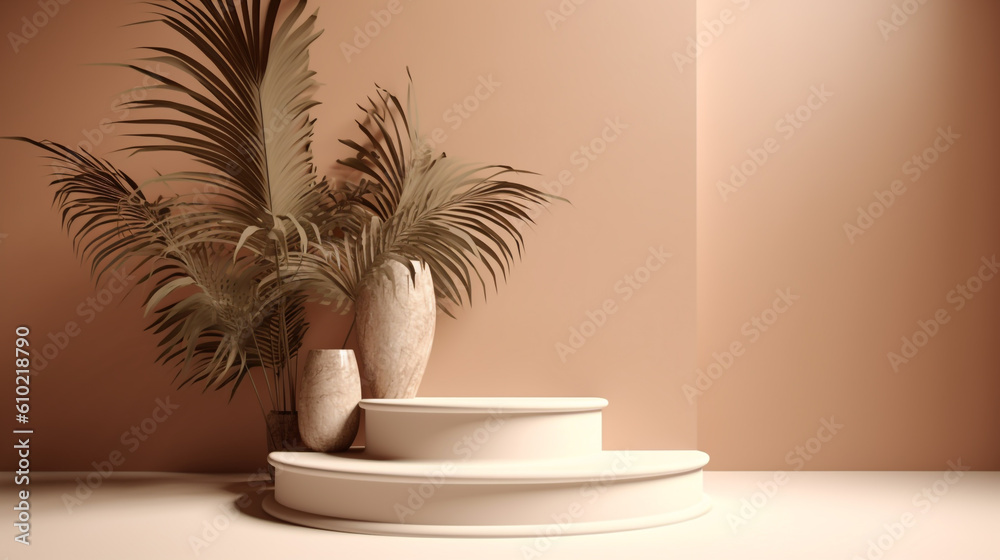 Abstract empty white podium with palm leaves on beige Generative AI Abstract empty white podium with palm leaves on beige Generative AI