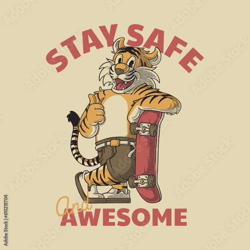 Retro cartoon tiger mascot with skateboard