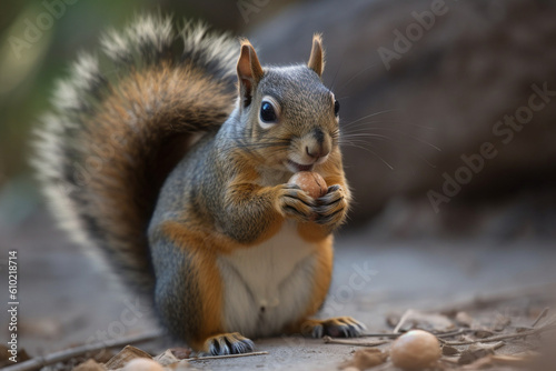 a squirrel holding a nut up close  Generative AI